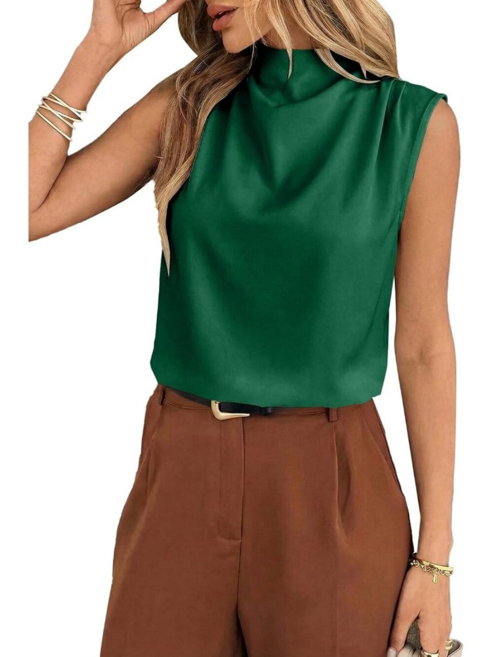 Women Dark Green Mock Neck Sleeveless Tank Top Pleated Blouse Dressy Work Shirt